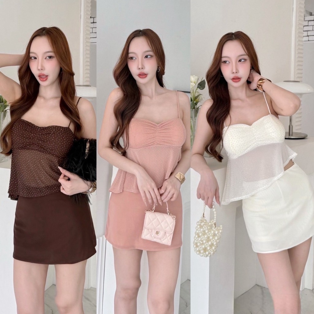 S64 - ชุดเซ็ต เสื้อสายเดี่ยวกลิตเตอร์+กระโปรงซับกางเกง ชุดเที่ยว