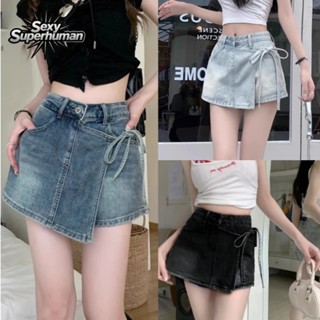 กระโปรงกางเกงยีนส์สั้น ตกแต่งผูกโบว์ มีกางเกงซับด้านใน