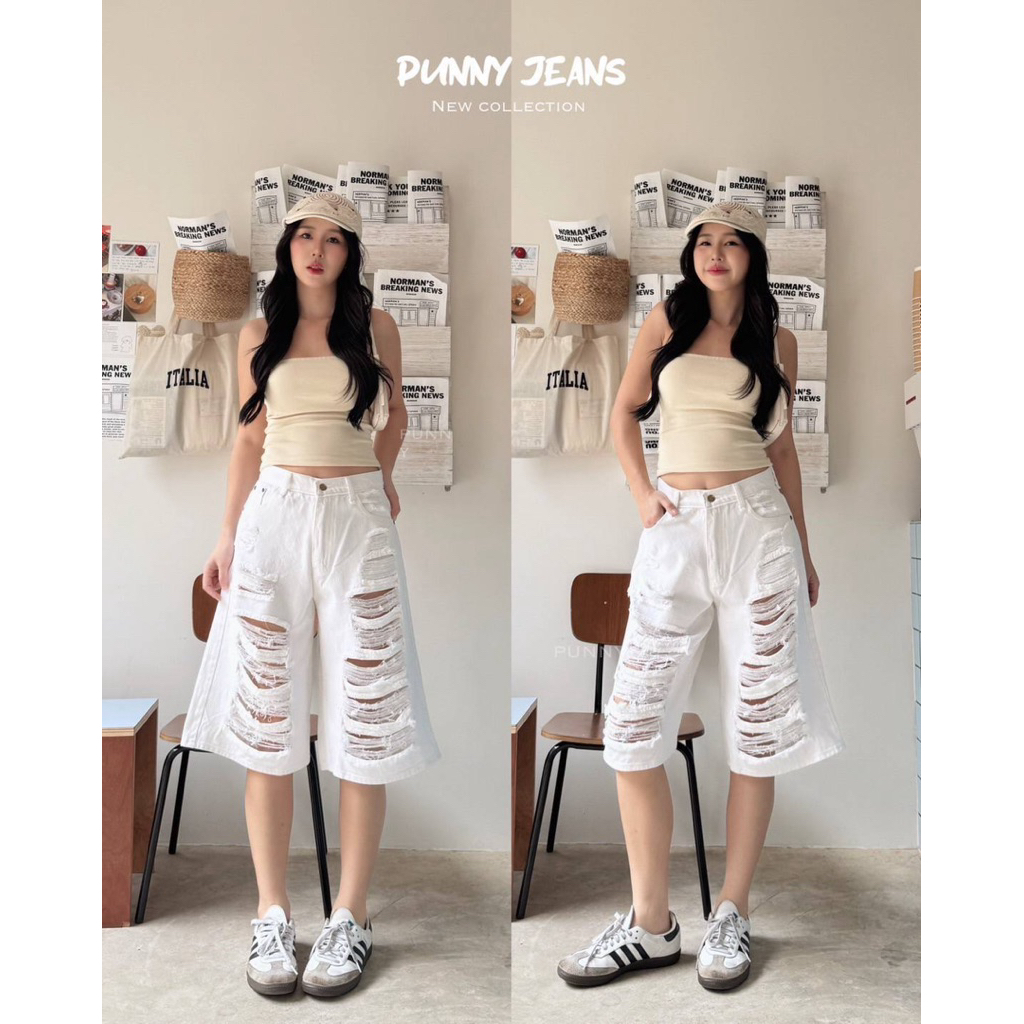 (S-40) punny jeans กางเกงยีนส์ 6 ส่วน ผ้าไม่ยืด สีขาว แต่งขาด