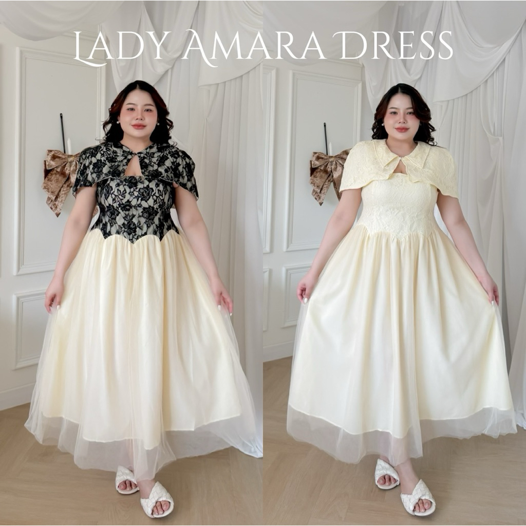 Lady M | LADY AMARA DRESS plussize เดรสลูกไม้ กระโปรงบานพริ้ว มาพร้อมผ้าคลุมไหล่ ดีไซน์เรียบหรู ใส่ออกงาน ออกเดท