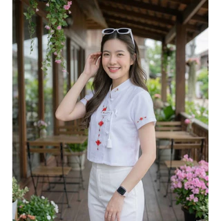 เสื้อพื้นเมืองผู้หญิงคอจีนป้ายผูกโบว์ ปักดอกด้วยมือ