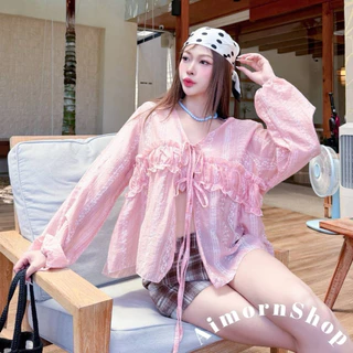 🔥aimorn_shop🔥เสื้อคอวี แต่งผูกโบว์หน้า ปลายแขนจั้ม สาวอวบใส่ได้ งานผ้าพริ้ว แต่งลายดอกสวยๆ