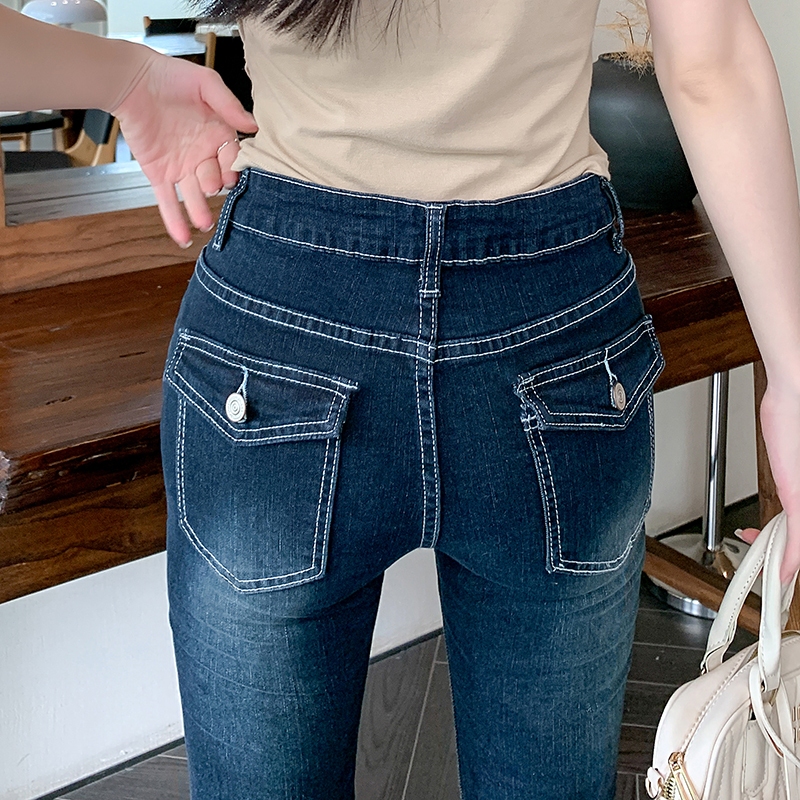 Bived S-2XL กางเกงยีนส์ขายาวผู้หญิง เอวสูง ทรงเข้ารูป สีน้ำเงินเข้ม ขากว้าง