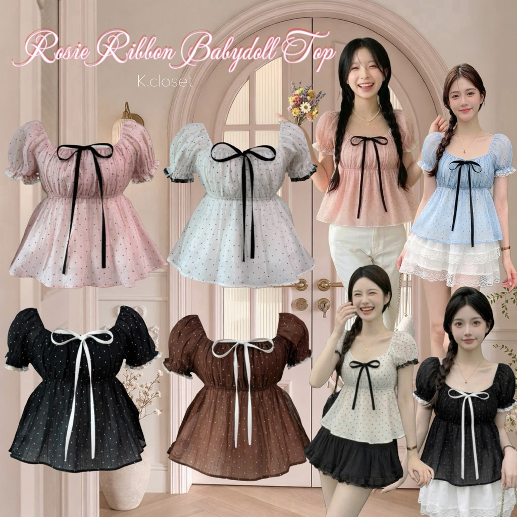 (อก30-42) เสื้อแขนตุ๊กตา detail แต่งแขนลูกไม้ผ้าโรซี่บาง ทรงหวานน่ารัก สาวอวบใส่ได้อกถึง 42 นิ้ว(เสื้ออย่างเดียว)