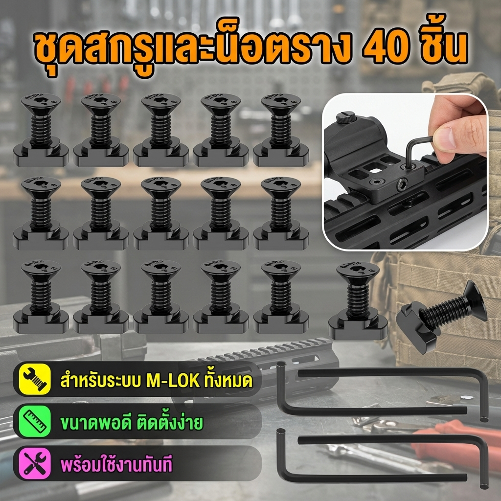 ชุดสกรูและน็อตราง 40 ชิ้น สำหรับรางเหล็ก 12mm พร้อมประแจอัลเลน 4 อัน ชุดครบสำหรับงานติดตั้งเฟอร์นิเจอร์หรืออุปกรณ์บนราง