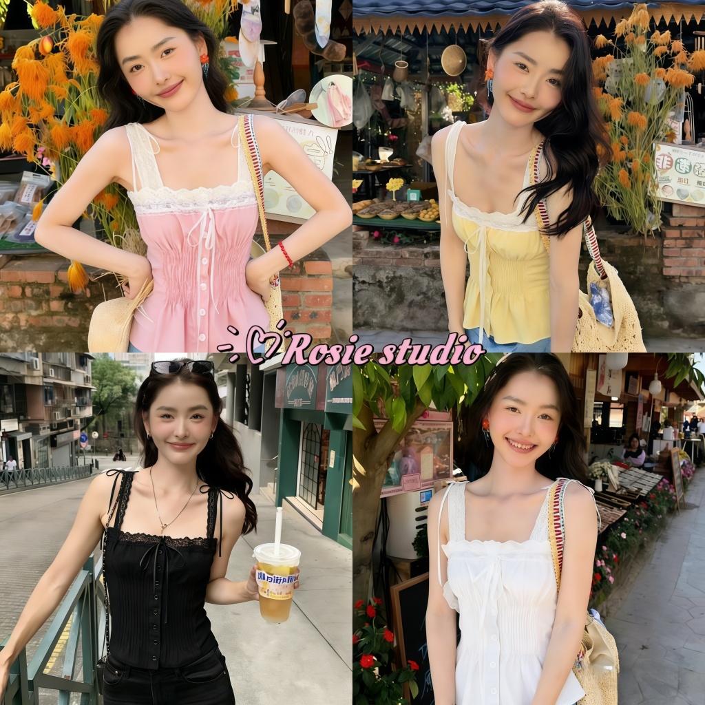 Rosie🌸พร้อมส่ง🎀เสื้อสายเดี่ยวลูกไม้ผสมเอวรัดสัดส่วนดีไซน์โบว์สไตล์หรูหราไม่ธรรมดาสำหรับสตรี
