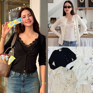 tank lace knit top“ เซ็ต2ชิ้นเสื้อกล้ามไหมพรมพร้อมเสื้อคลุมแ…