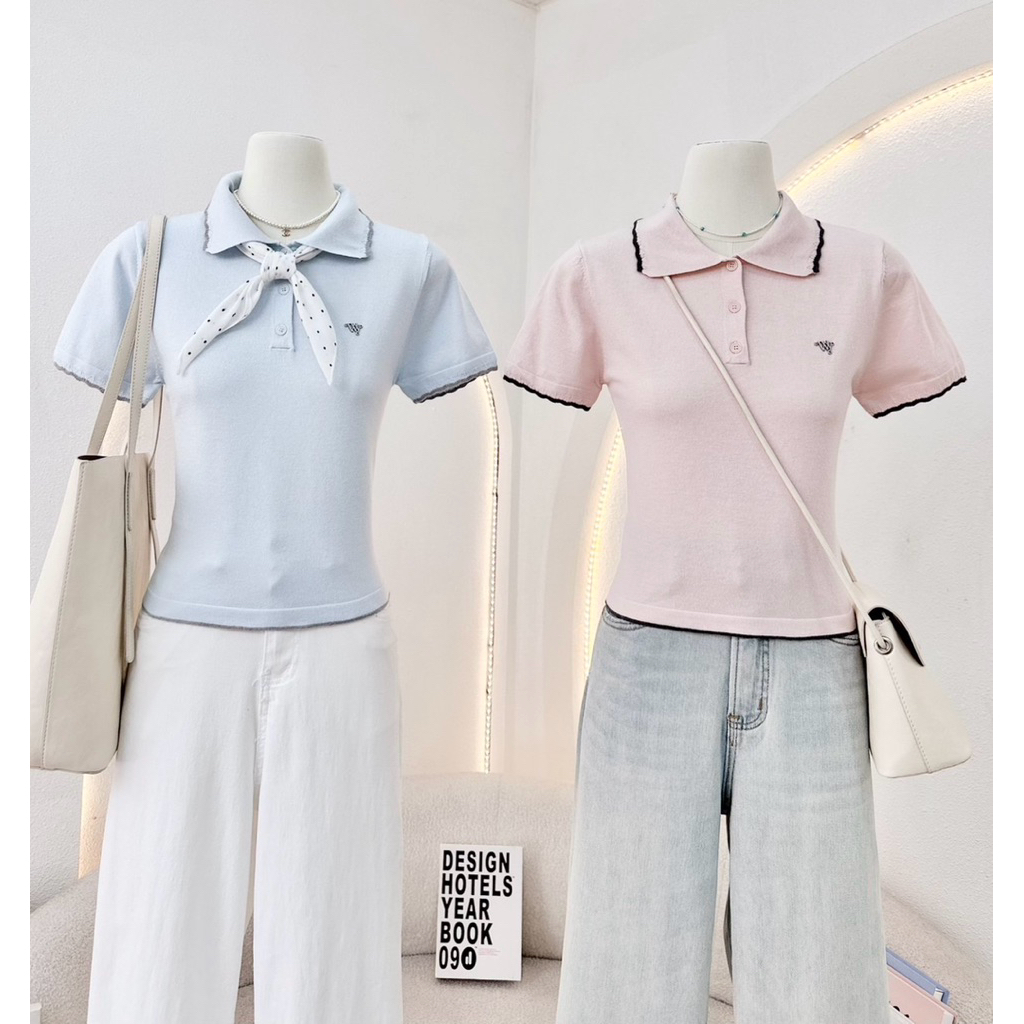 WA YA เสื้อโปโลแต่งขอบหยัก