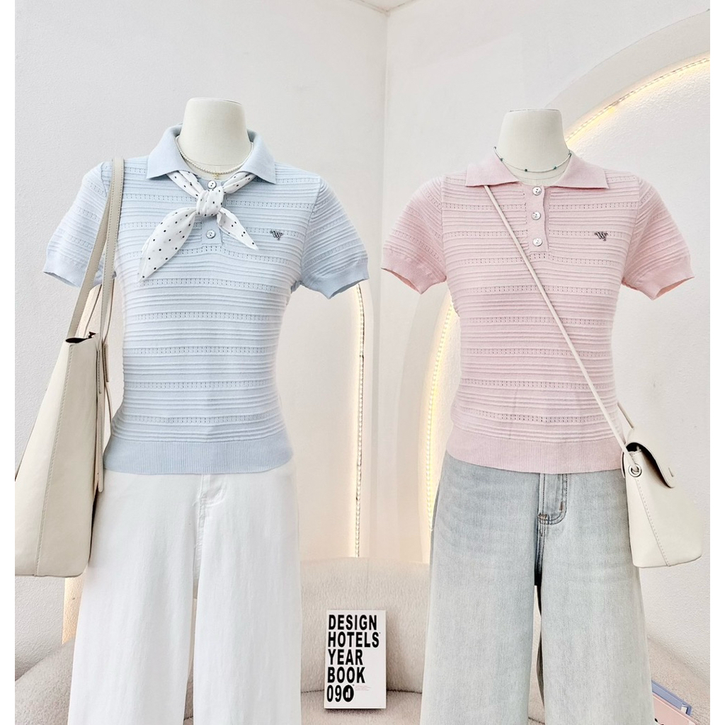 WA YA เสื้อโปโลผ้าไหมพรมริ้ว