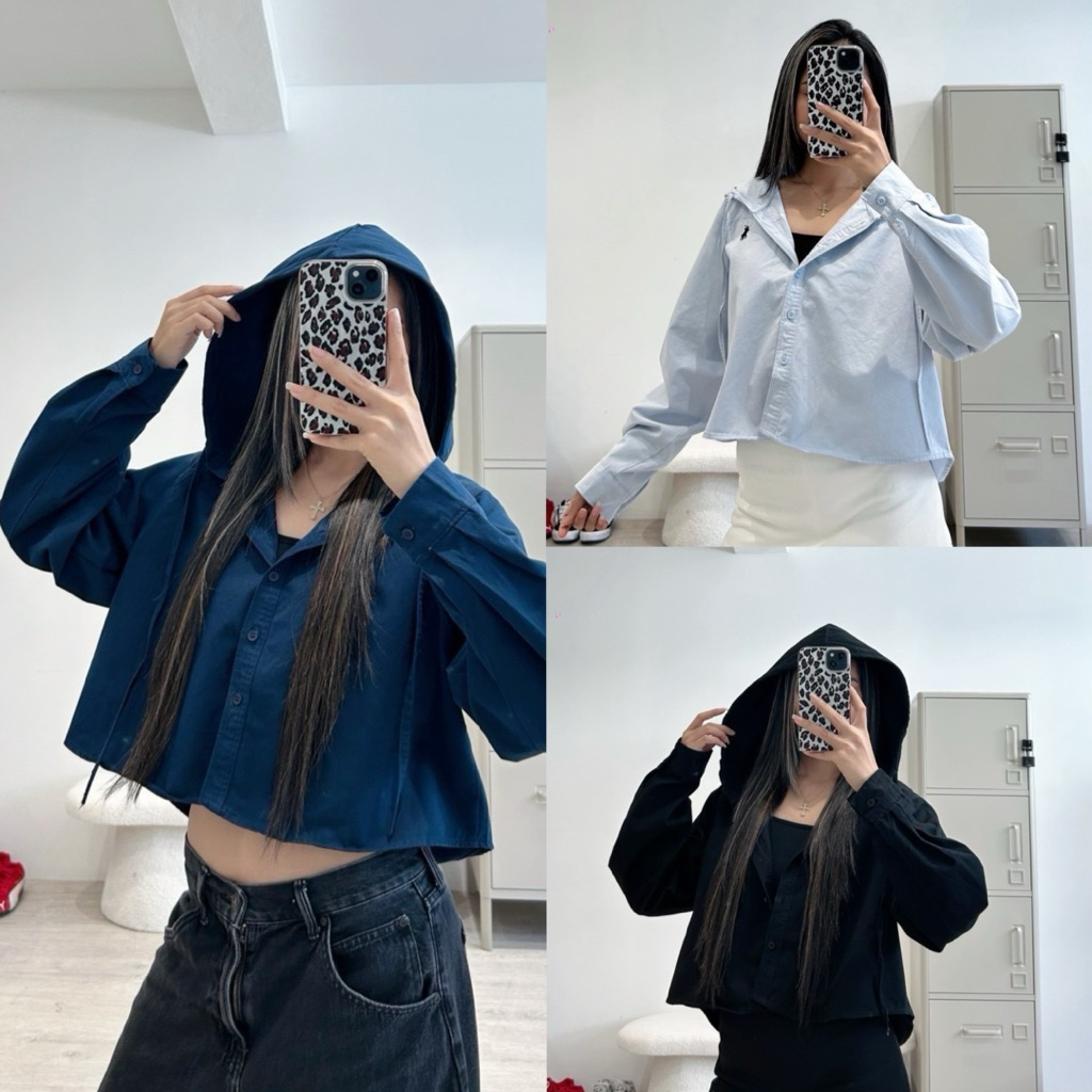 เสื้อฮู้ดแขนยาว ทรงครอปงานปักม้า