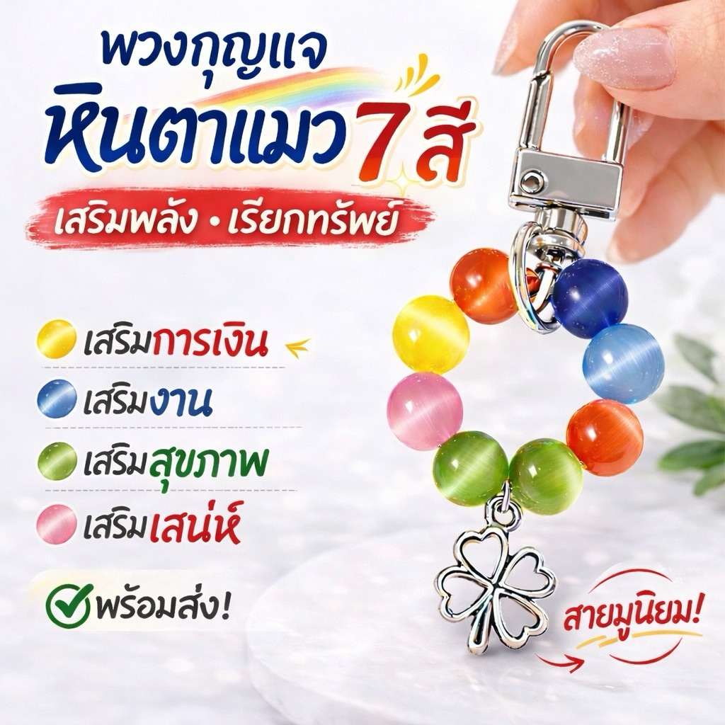 🌈 พวงกุญแจหินตาแมว 7 สี พกพาง่าย เสริมดวงรอบด้าน ✨ฟรี❗️ตะขอติดมือถือรูปหัวใจ💛📱