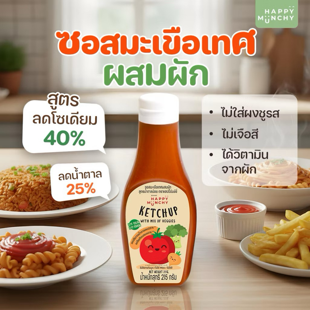 HAPPY MUNCHY ซอสมะเขือเทศ อาหารสำหรับเด็ก สูตรลดโซเดียม ลดน้ำตาล