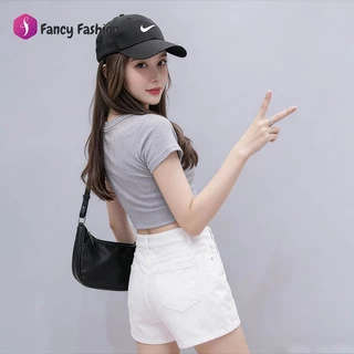 Fancy Fashion กางเกงยีนส์ขาสั้นสีขาว เอวสูงคุมทรง ผ้าดีใส่สบาย ผสมผสานง่าย S-2XL