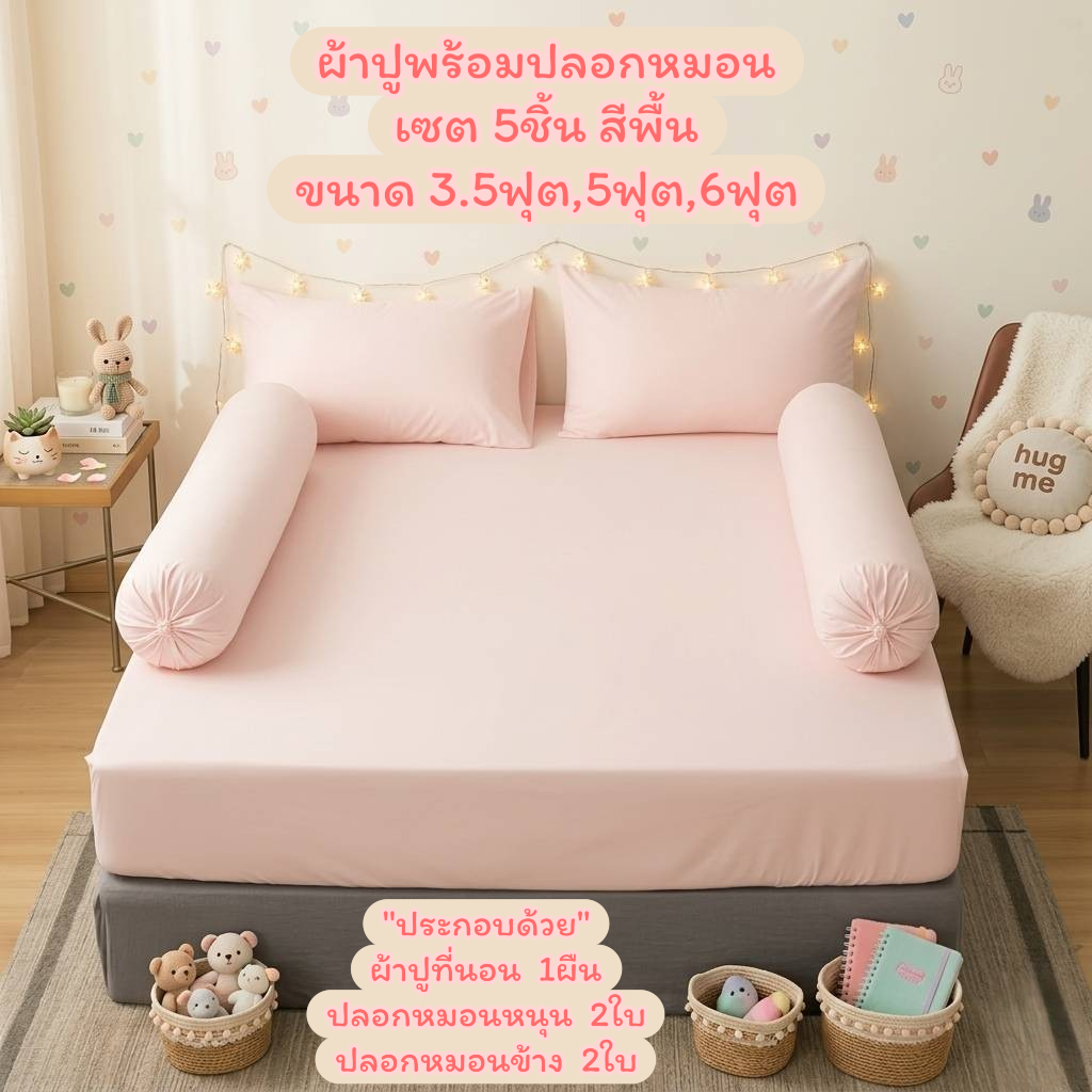 ผ้าปูพร้อมปลอกหมอน เซต5ชิ้น ขนาด 3.5ฟุต,5ฟุต,6ฟุต สีพื้น เนื้อผ้าโพลีเอสเตอร์ ไม่ขุย สีไม่ตก คุณภาพดี