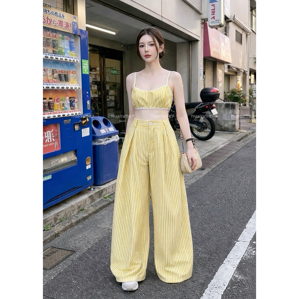 พร้อมส่ง‼️ชุดเซ็ท ป้าย Thanyathep💛ชุดเซ็ท 2 ชิ้น ชุดเซทเสื้อ + กางเกางขายาว สีเหลืองลายริ้วขาว แฟชั่น*เสื้อไม่มีฟองน้ำ*