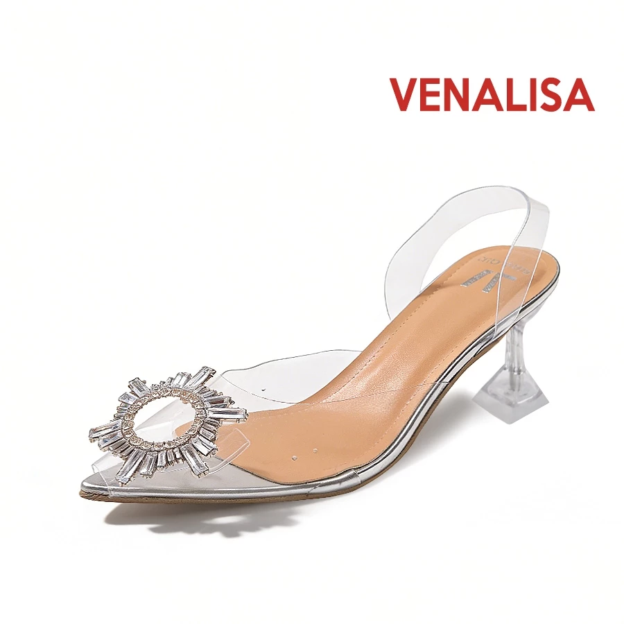 Venalisa 3 นิ้ว รองเท้าส้นสูงสำหรับผู้หญิง ปลายแหลม ล้างส้นรองเท้า ความสง่างาม สำนักงาน ปาร์ตี้