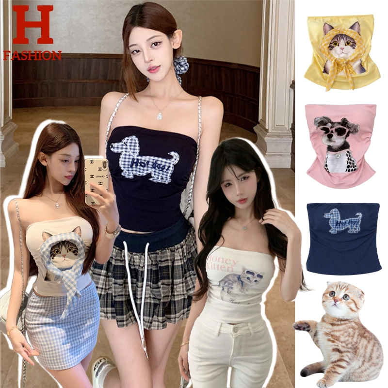 HOT⚡Cute Kitten Puppy เสื้อเกาะอก มีฟองน้ำในตัว ลายน้องหมาน่ารัก เกาหลีสไตล์ สีพื้นน้ำเงินดำขาว FY66022