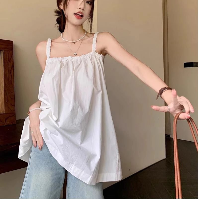 เสื้อกล้ามสายเดี่ยวสีเรียบ สไตล์ฝรั่งเศส แขนกุด ใส่เที่ยวทะเล เปิดหลัง