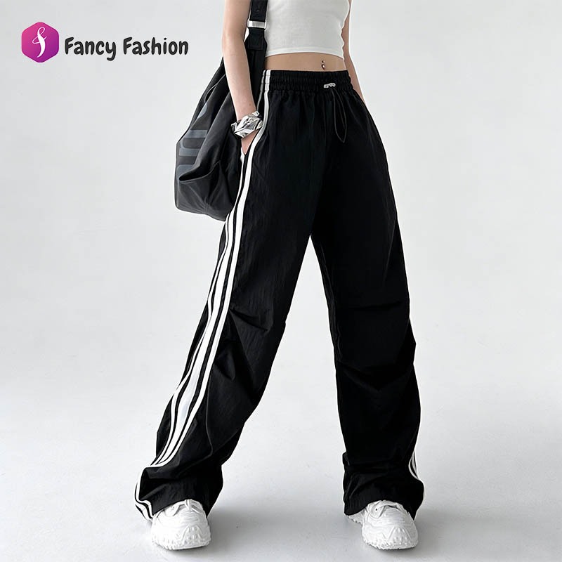 Fancy Fashion ✨ส่งไวจากไทย✨ กางเกงคาร์โก้สีดำ เอวสูง ทรงหลวม สไตล์อเมริกัน ผ้าร่มเบา สวมใส่สบาย