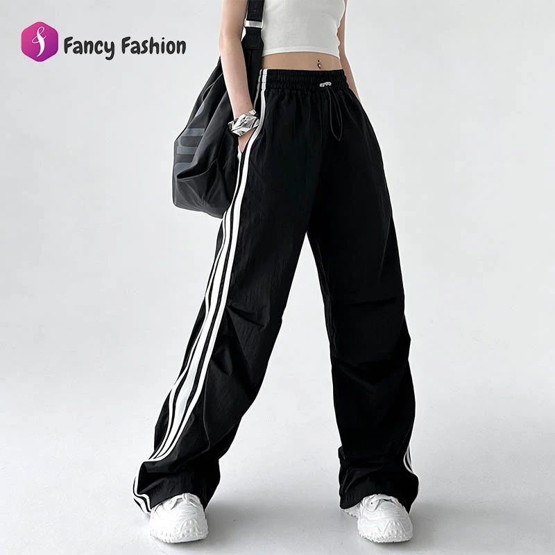 Fancy Fashion ✨ส่งไวจากไทย✨ กางเกงคาร์โก้สีดำ เอวสูง ทรงหลวม สไตล์อเมริกัน ผ้าร่มเบา สวมใส่สบาย
