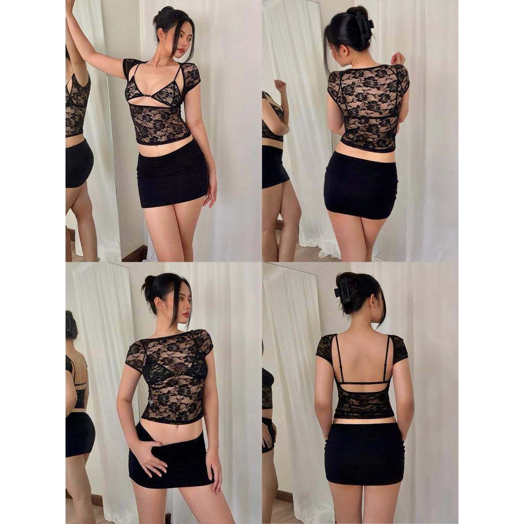 Malida crop เสื้อครอป+บรา ดีเทลลูกไม้ซีทรู (ใส่ได้ 2ด้าน)