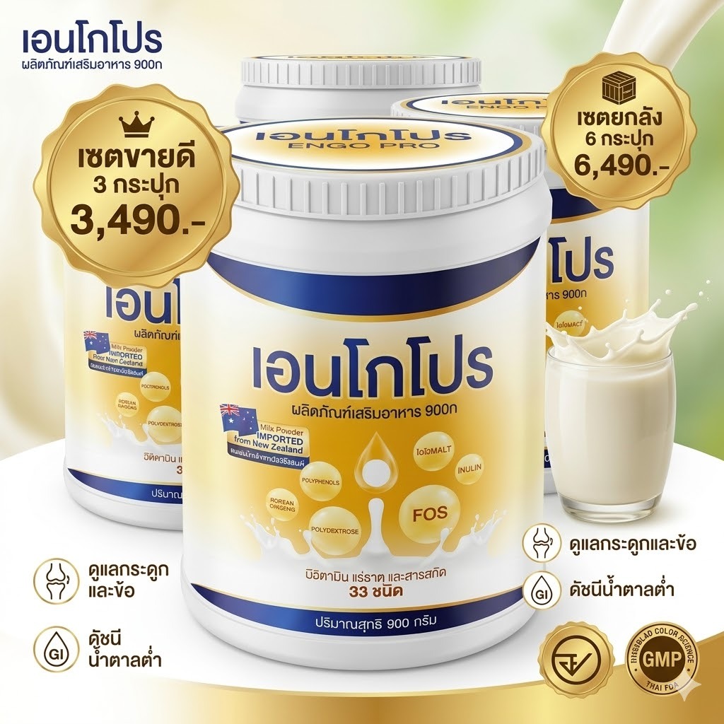 Engopro [สูตรใหม่ 900g] นมผงคุมหวาน สารอาหาร 33 ชนิด แคลเซียมสูง ไม่เติมน้ำตาลทราย [เซตยกลังสุดคุ้ม]