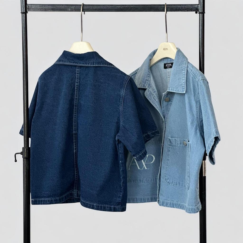 Atipashop - Denimax Utility Shirt เสื้อยีนส์ทรงครอปแขนสั้น มีสองสีให้เลือก ใส่สบาย