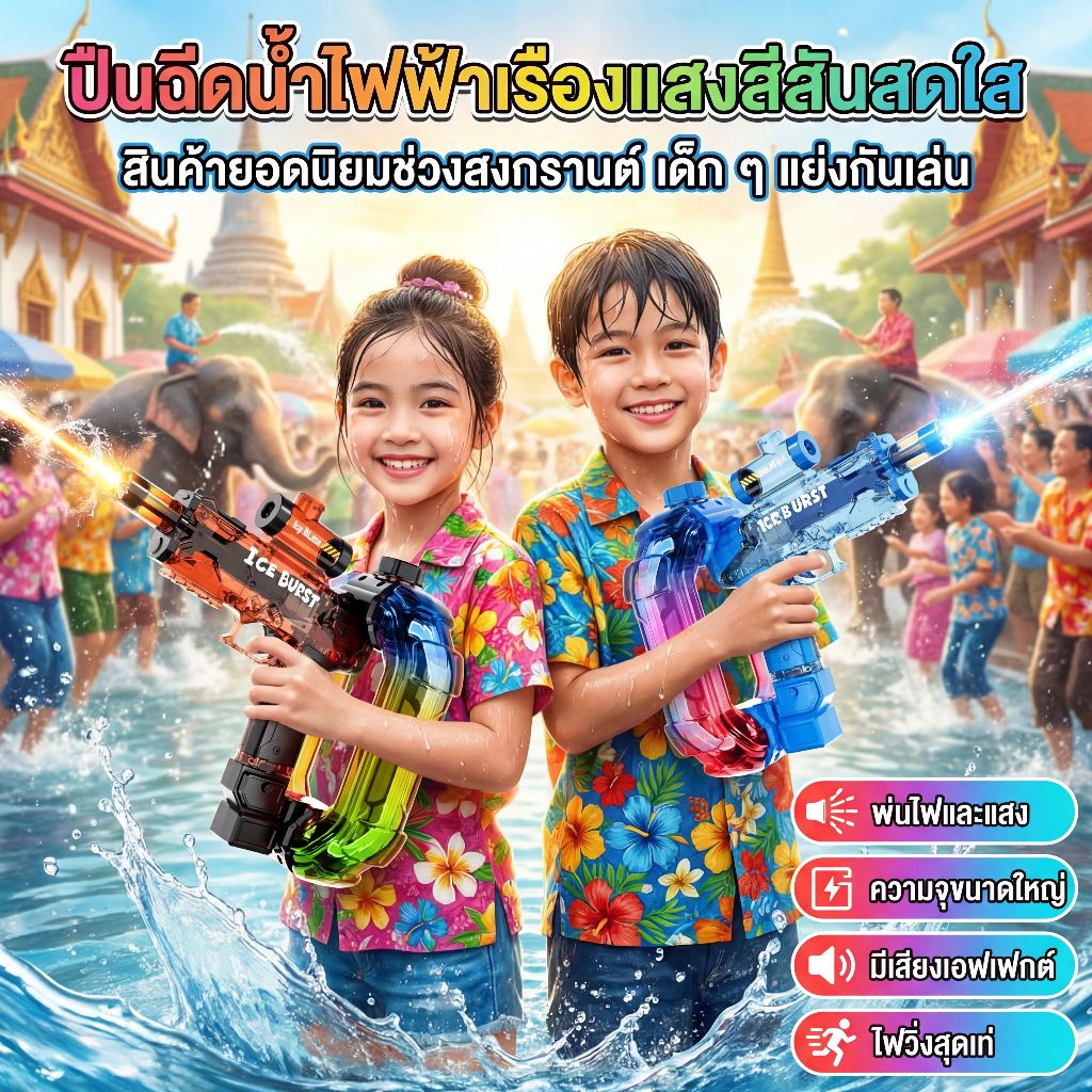 ICE BURST ปืนฉีดน้ำไฟฟ้าสงกรานต์ ไฟ RGB สีรุ้งสุดเท่ ปากกระบอกมีไฟแฟลช พร้อมเสียง ถังน้ำ 750ml ยิงไกล 6 เมตร แบตชาร์จได้