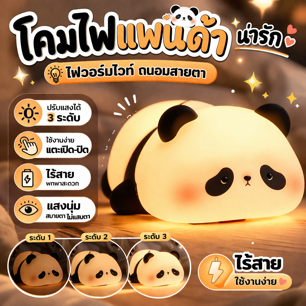 โคมไฟแพนด้า ตั้งโต๊ะ/หัวเตียง ไฟวอร์มไวท์ ถนอมสายตา ปรับแสง 3 ระดับ ไร้สาย น่ารัก