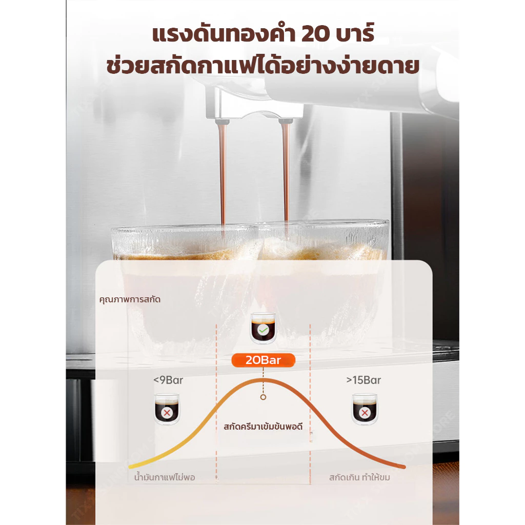 เครื่องชงกาแฟสด Tixx เครื่องชงกาแฟสด เอสเปรสโซ 1.6L วัสดุสแตนเลสแท้ 100% แผงควบคุมระบบสัมผัส ไอน้ำตีฟองนมได้เลย thumbnail 3