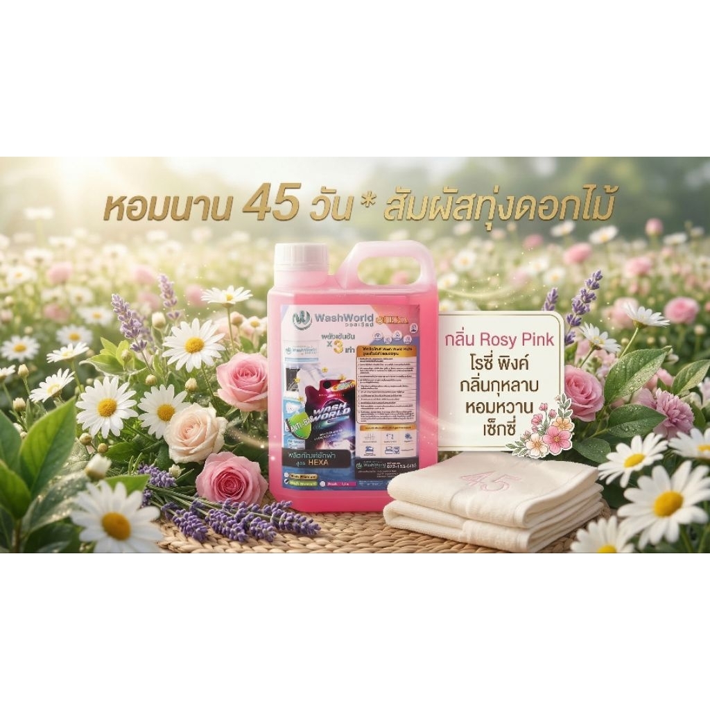 Wash World วอชเวิลด์สูตรใหม่"พรีเมี่ยม"(HEXA) น้ำยาซักผ้า สีชมพูกลิ่น Rosy Pink โรซี่ พิงค์ x1แกลอน 1,000ml.