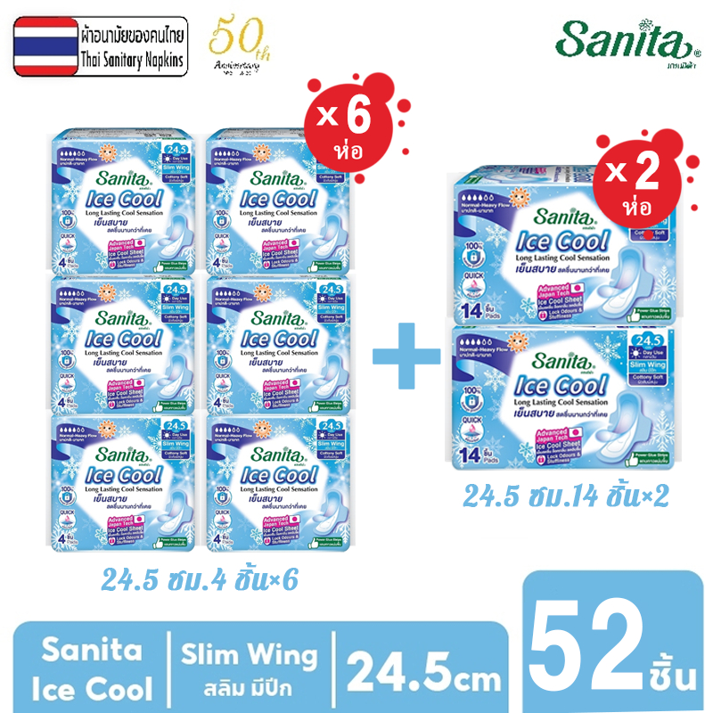 【 ลดราคา 52ชิ้น】Sanita Ice Cool / แซนนิต้า ผ้าอนามัย ไอซ์คูล สลิมมีปีก ผิวนุ่ม 24.5ซม. 14ชิ้น×2+4ชิ้น×6