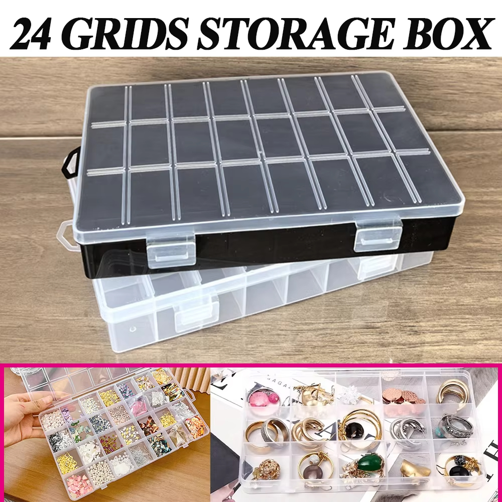 กล่องเก็บของพลาสติกที่มีช่องเสียบขนาด 24 ช่องสำหรับใช้ในบ้าน ใช้เก็บเครื่องมือ อุปกรณ์ หรือเครื่องประดับ