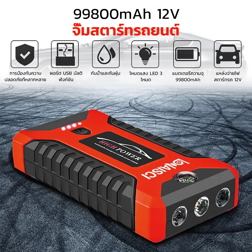 จั้มสตาร์ท 12V พาวเวอร์แบงค์ เครื่องชาร์จรถยนต์แบบพกพา อุปกรณ์ช่วยสตาร์ทรถยนต์ จั๊มสตาร์ทรถยนต์ jumpstart powerbank ราคา ถูกที่สุด ดีลบีเคเค แกลเลอรีภาพที่ 2
