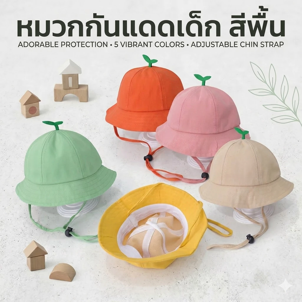 หมวกกันแดดเด็ก สีพื้น ระบายอากาศได้ดี