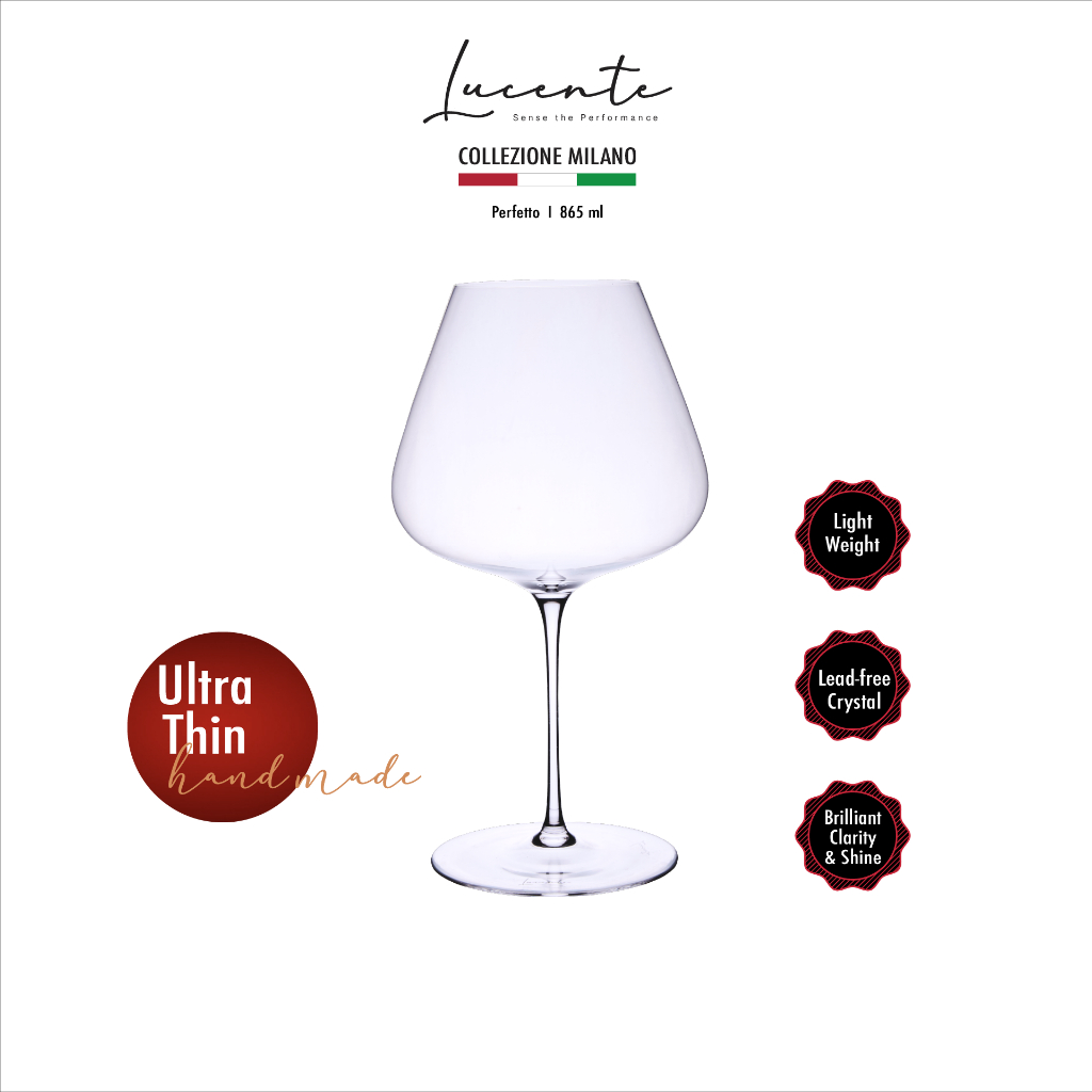 Lucente Perfetto 865ml แก้วไวน์คริสตัล Handmade บางและเบาพิเศษ เพียง 114g แก้วไวน์แดง Burgundy
