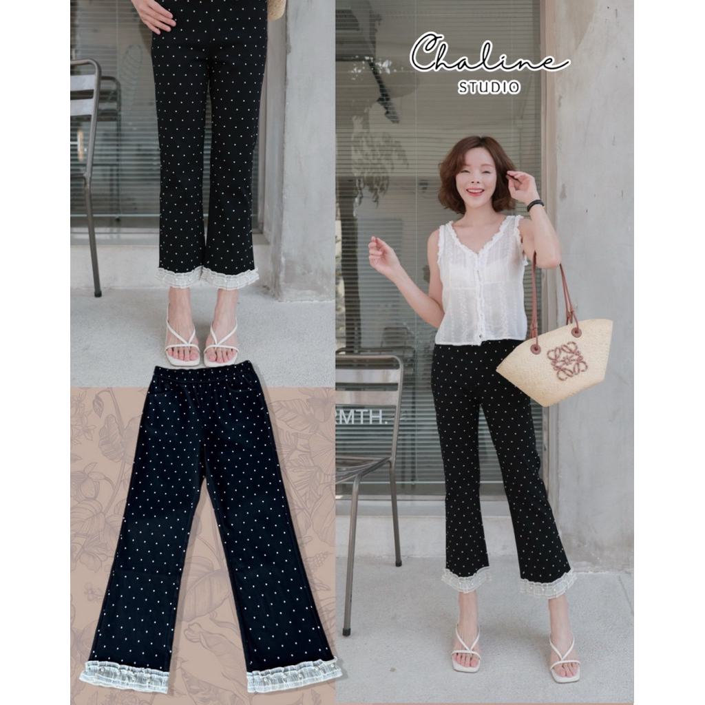 CHALINE 9536 กางเกงลาย polka dot ผ้ายืดเนื้อดีเทพ เนื้อผ้านุ่ม