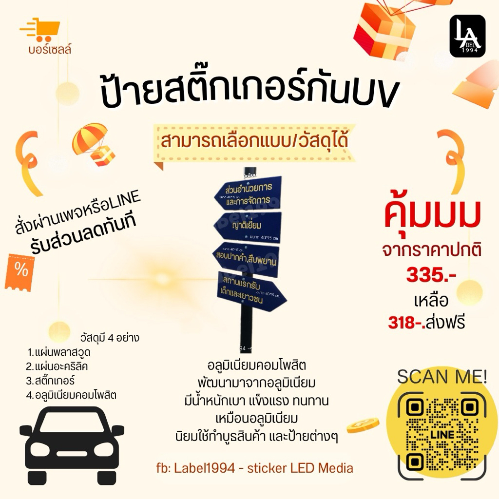 Label1994 ป้ายบอกทาง [สั่งทำ/เปลี่ยนข้อความฟรี] อะคริลิค2mm/พลาสวูด4mm/คอมโพสิต3mm กันน้ำทนแดด5ปี ส่งฟรี