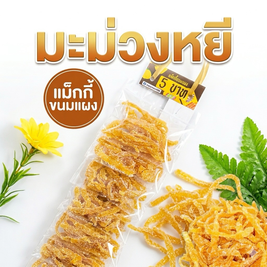 ขนมแผงมะม่วงหยี หวานอร่อย เคี้ยวเพลินหนุบหนับ แผงละ 10 ห่อ