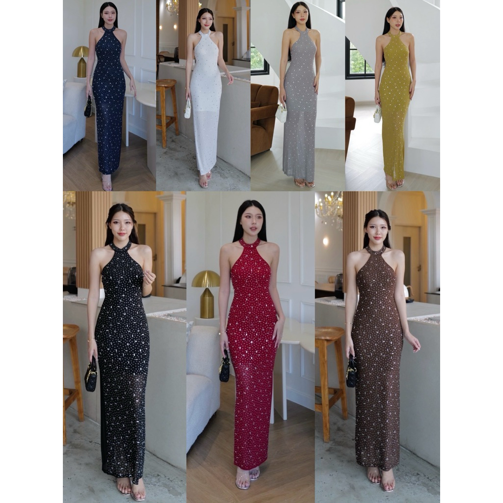 9850 ป้ายINTUON เดรสยาวชีทรูติดเพชร ค้องคอเว้าหลัง ทรงตรง มีชับใน ผ่าหลังนิดหน่อย ผ้ายืดได้