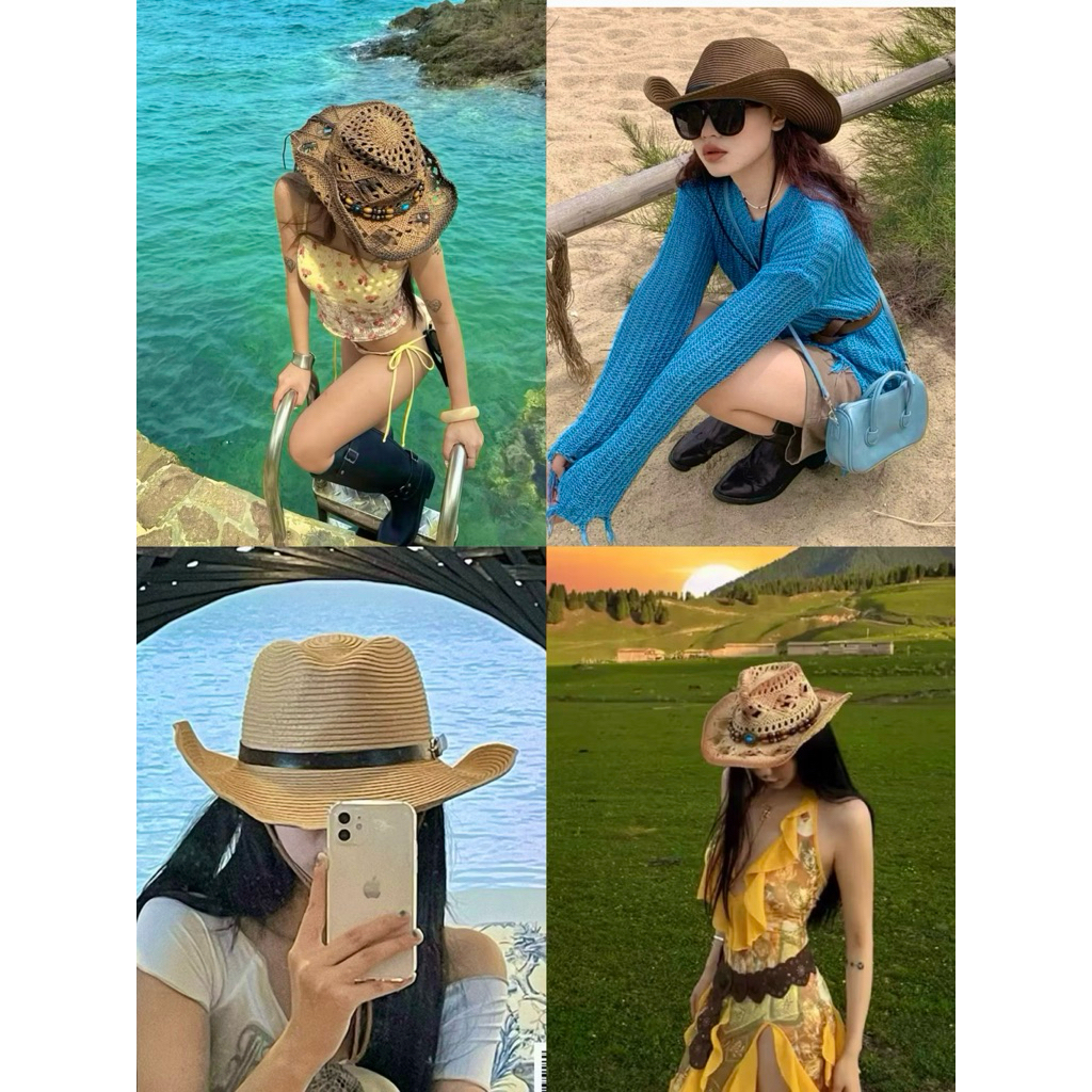 (พร้อมส่ง✨)   หมวกคาบอยแฟชั่นเก๋ๆ  ใส่ไปทะเล/ภูเขา/ขี่ม้า/ทำคอนเท้น