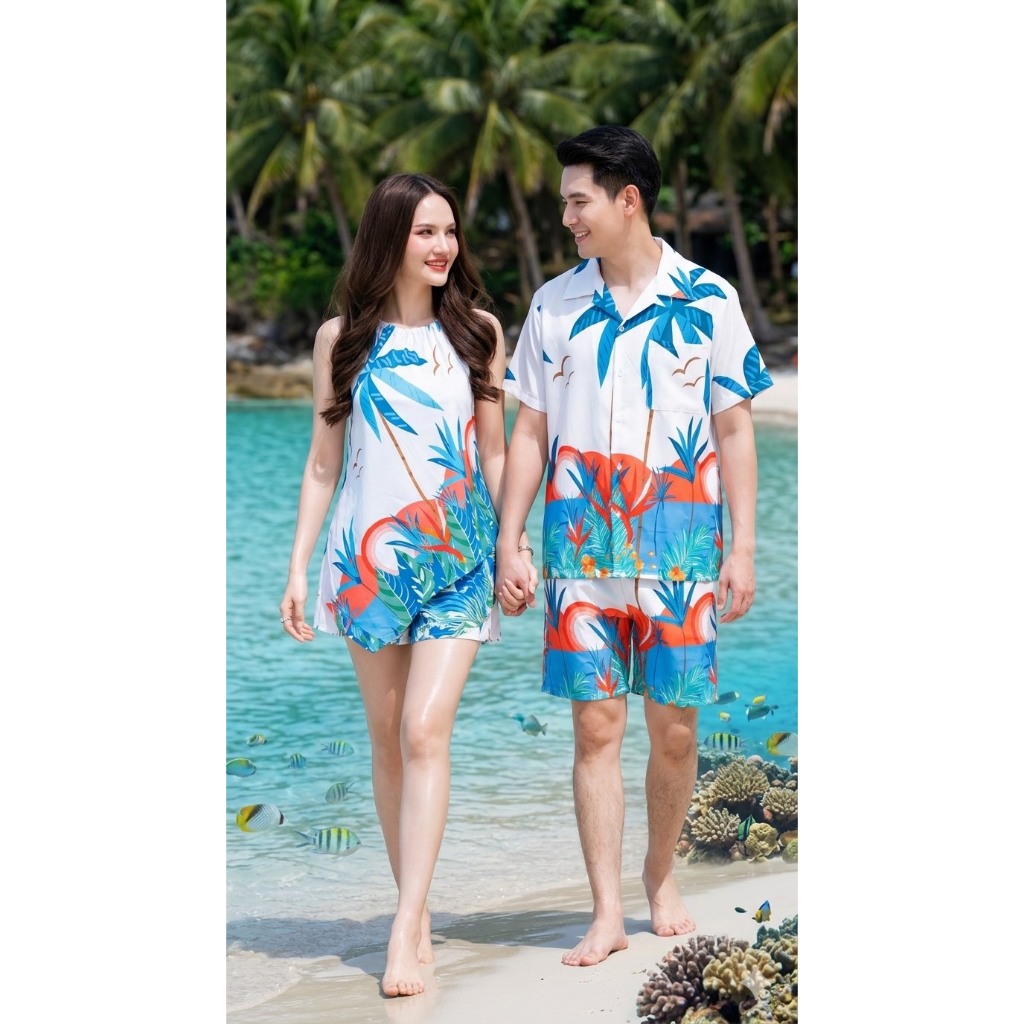 HAWAII SHIRTชุดคู่รักไปทะเล ลายมะพร้าว ชุดเซ็ตผู้ชาย ชุดเสื้อสามเหลี่ยม+กางเกงขาสั้น ราคา ถูกที่สุด ดีลบีเคเค แกลเลอรีภาพที่ 5