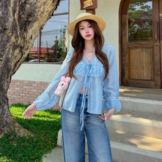 crop..shop เสื้อเเขนยาวลายสวย ด้านหน้าผูกได้จริง ตามใจชอบ สวยใสลมุนมาก งานดีสุดๆจ้า