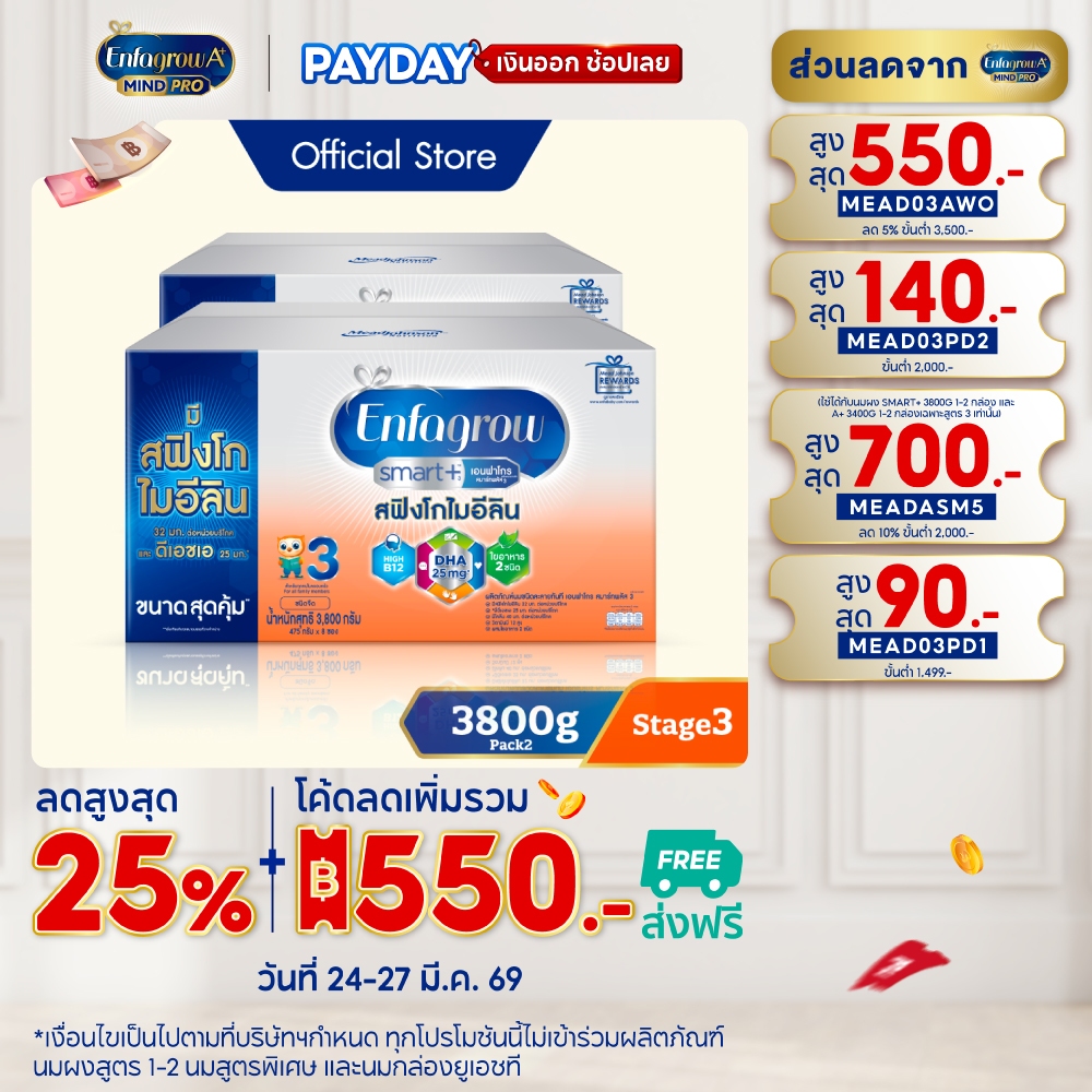 นมผง เอนฟาโกร สมาร์ทพลัส ดีเอชเอ สูตร3 ชนิดจืด (3800 กรัม) x2 กล่อง Enfagrow Smart+ Stage3 Plain (38