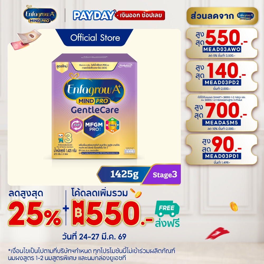 นมผง เอนฟาโกร เอพลัส มายด์โปร เจนเทิล แคร์ สูตร3 (1425 กรัม) Enfagrow A+ MindPro Gentle Care Stage3 