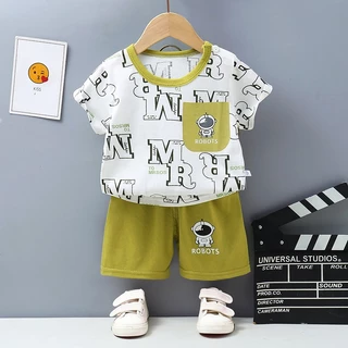ชุดเสื้อแขนสั้นเด็ก ชุดเด็กแฟชั่น ลายการ์ตูน รอบเอวยืดได้ ผ้ายืด พร้อมส่งจากไทย