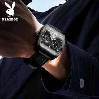 PLAYBOY 3058 นาฬิกาผู้ชายแท้ เครื่องกลอัตโนมัติ นาฬิกาข้อมือกันน้ำ ของขวัญวันวาเลนไทน์ วันพ่อ ส่องสว่าง สีฟ้า สีขาว