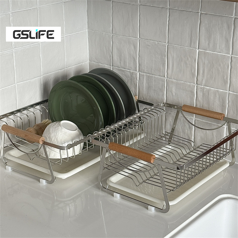 GSlife ชั้นวางจานสแตนเลส พร้อมด้ามจับไม้และถาดน้ำแบบถอดได้ ชั้นวางในครัว