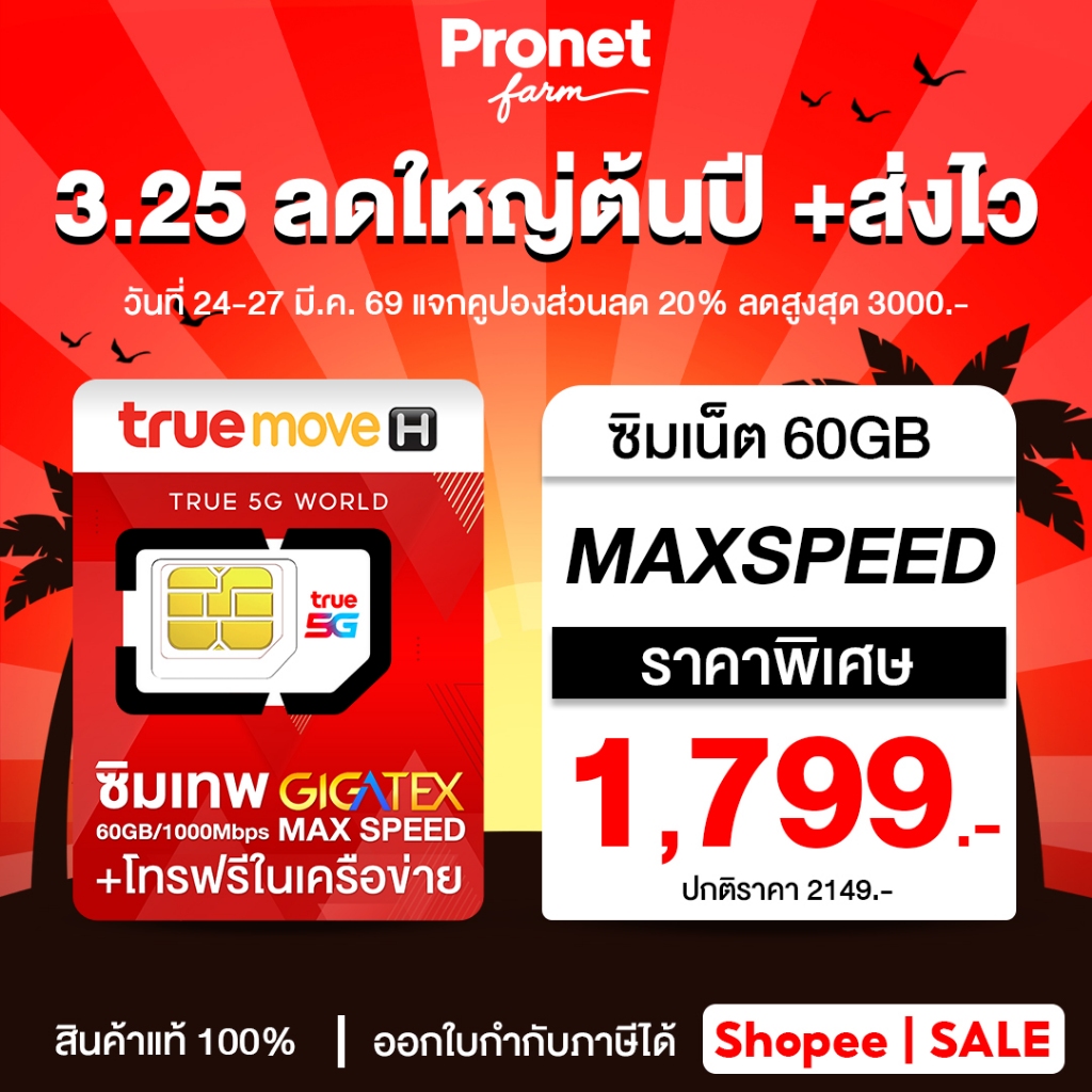 เลือกเบอร์ ซิมเทพ Fast 60GB เน็ตแรง Max Speed ใช้เน็ตได้เดือนละ 60GB นาน 1 ปี โทรฟรีค่ายทรูไม่อั้น