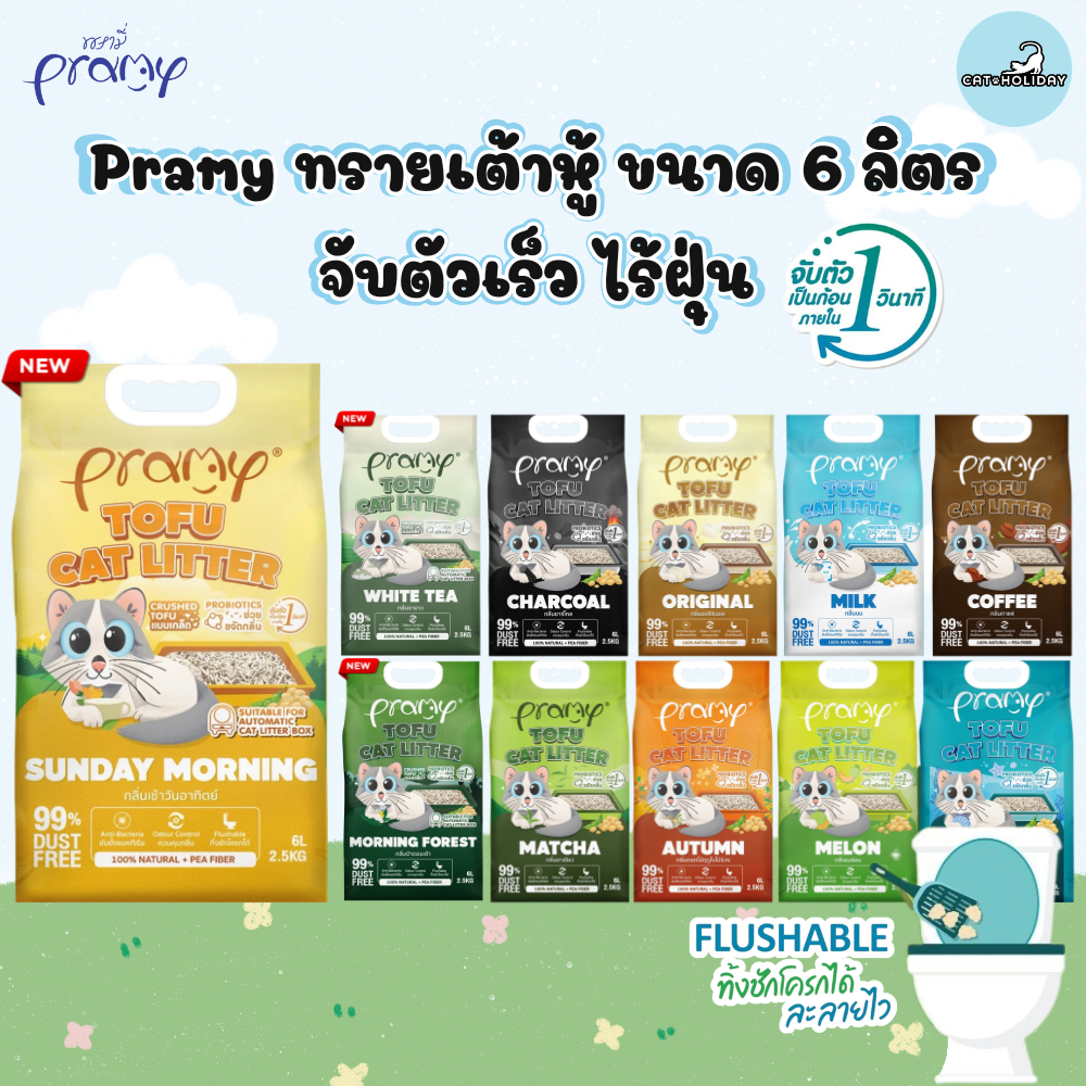 [ 6 ลิตร ] Pramy ทรายแมวเต้าหู้ธรรมชาติ ฝุ่นน้อย จับตัวเป็นก้อนเร็ว ไม่ติดเท้าแมว ทิ้งชักโครกได้ ละลายไว ประหยัดทราย